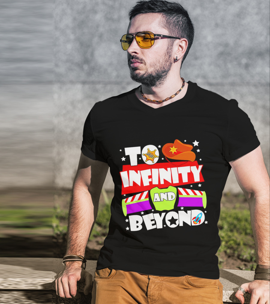 To Infinity And Beyond Toy Story Sheriff Badge Cowboy Hat Rocket T-Shirt