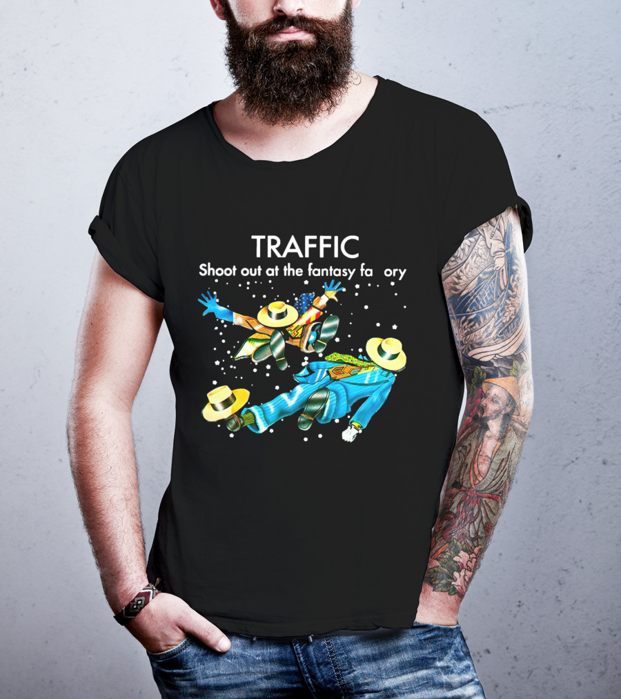 TRAFFIC Shoot Out At The Fantasy Factory With Flying Figures And Hats T-Shirt