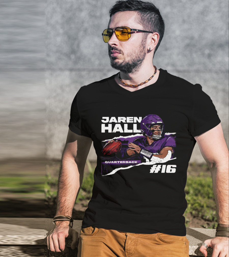Jaren Hall Minnesota Quarterback #16 Torn Football T-Shirt