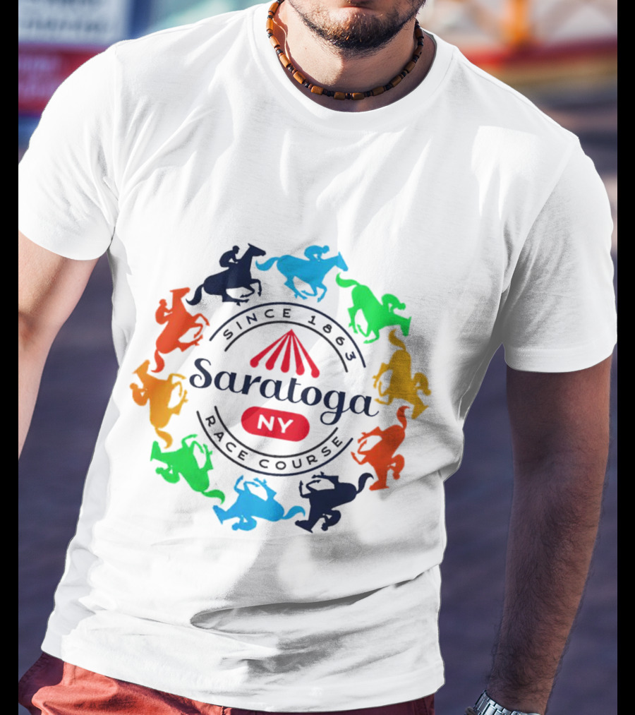 Saratoga NY Race Course Since 1863 Colorful Jockeying Nyra Authentics T-Shirt