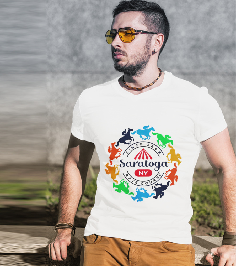 Saratoga NY Race Course Since 1863 Colorful Jockeying Nyra Authentics T-Shirt