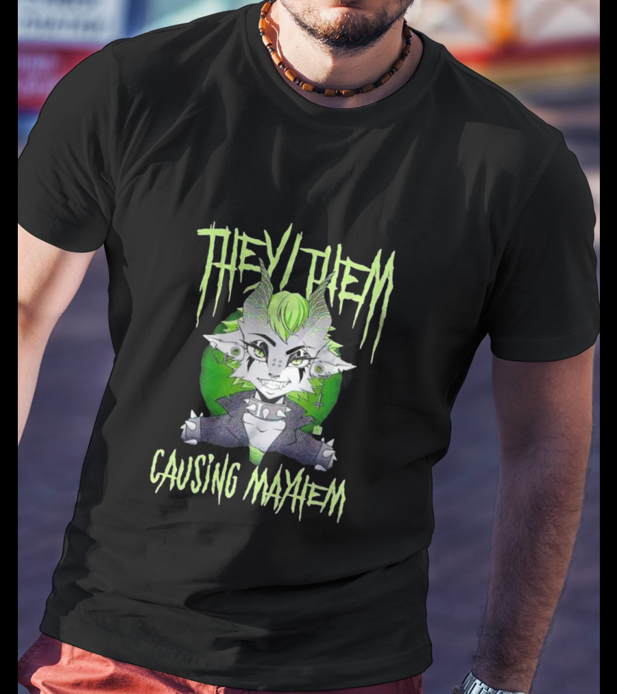 They Them Causing Mayhem Punk Monster Character With Green Hair And Spikes T-Shirt