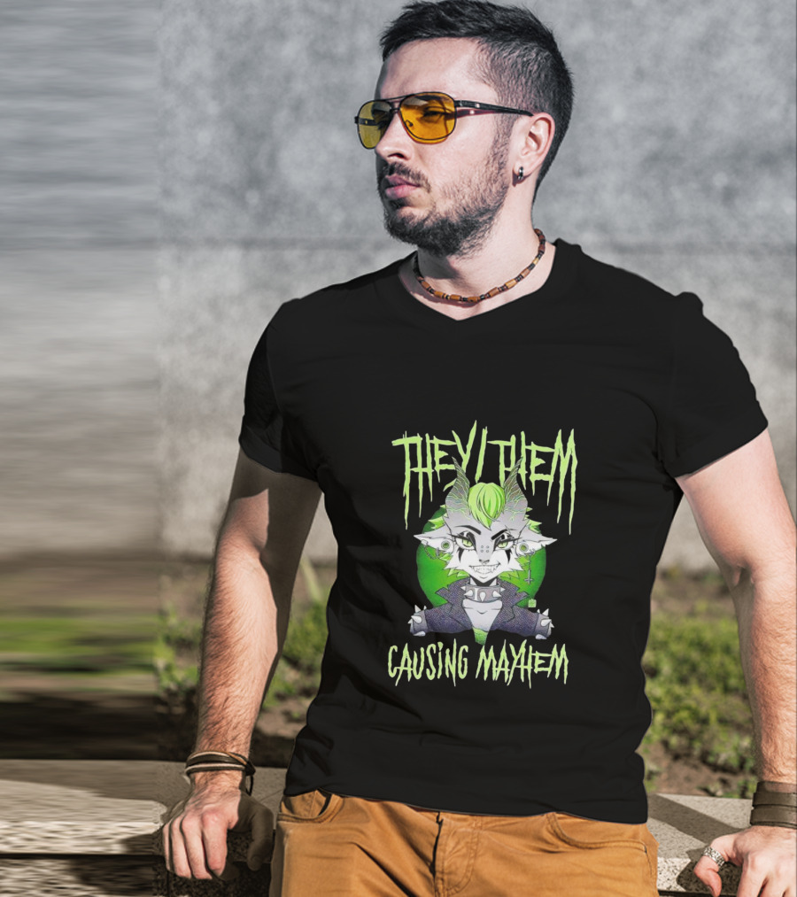 They Them Causing Mayhem Punk Monster Character With Green Hair And Spikes T-Shirt
