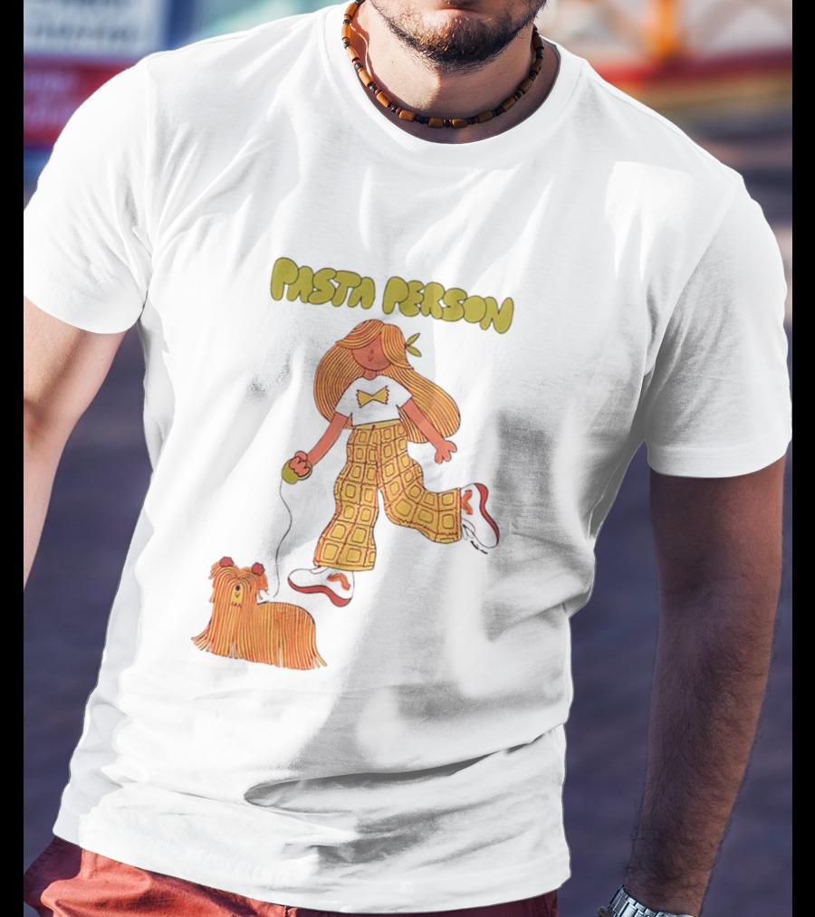 Pasta Person Walking Dog In Checkered Pants And White Sneakers T-Shirt