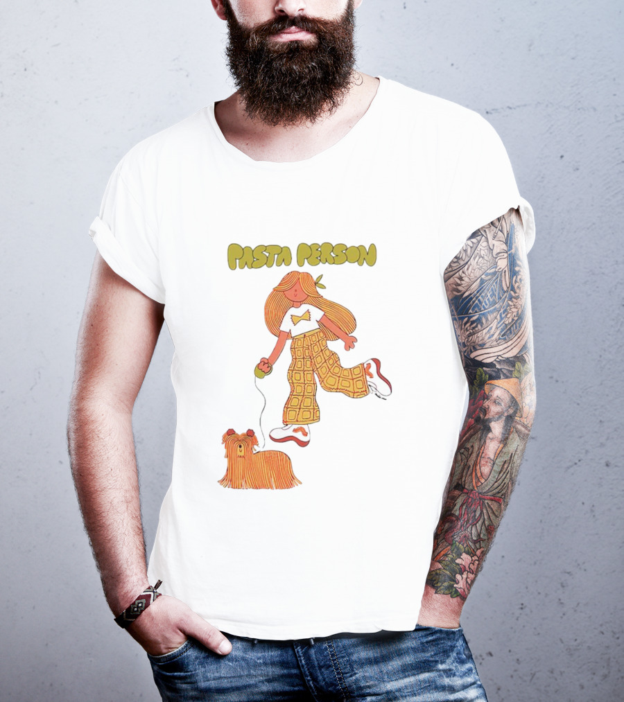Pasta Person Walking Dog In Checkered Pants And White Sneakers T-Shirt