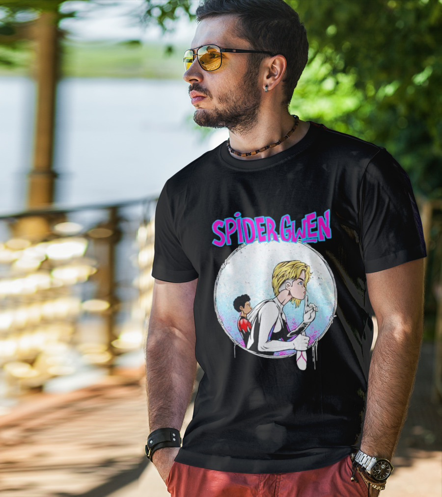 Spider-Gwen Silence Gesture With Spider Emblem Background T-Shirt