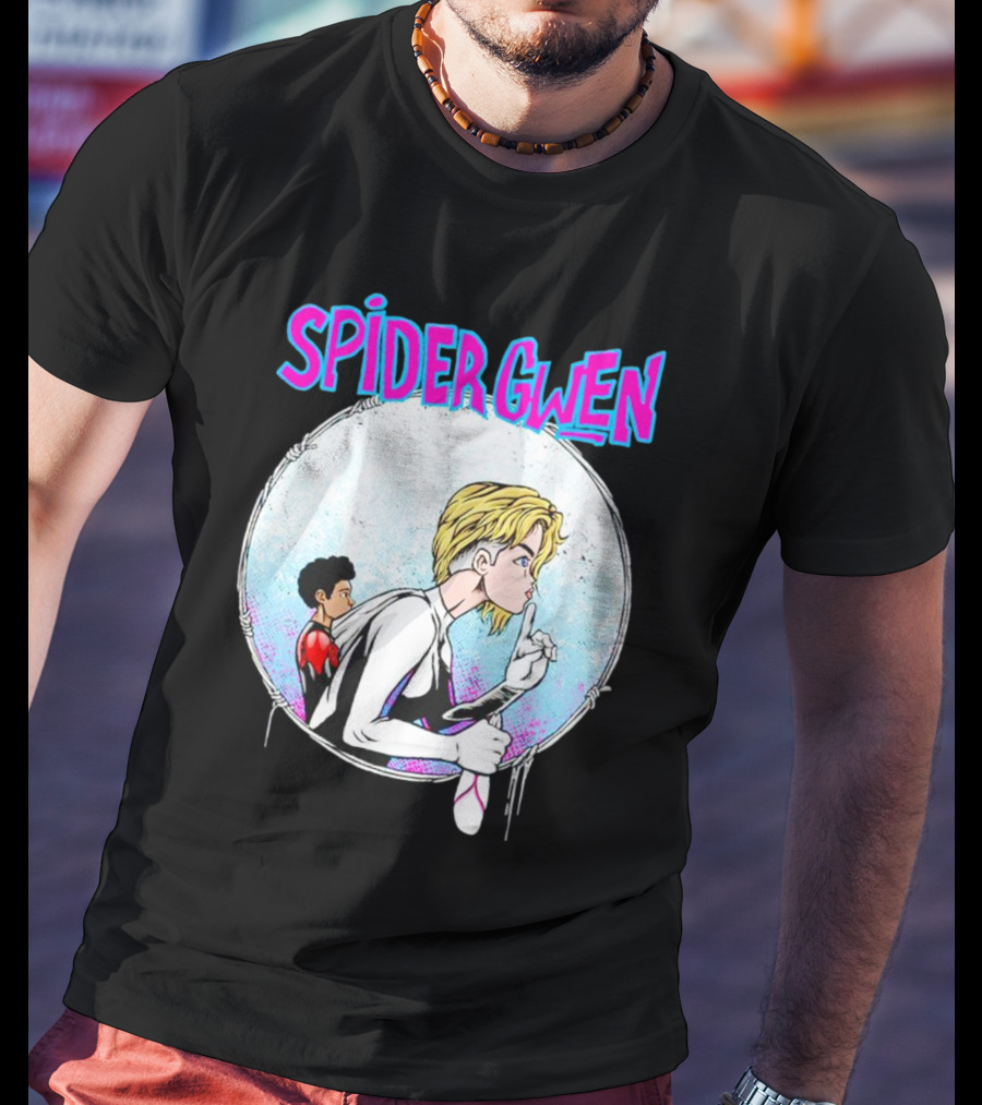 Spider-Gwen Silence Gesture With Spider Emblem Background T-Shirt