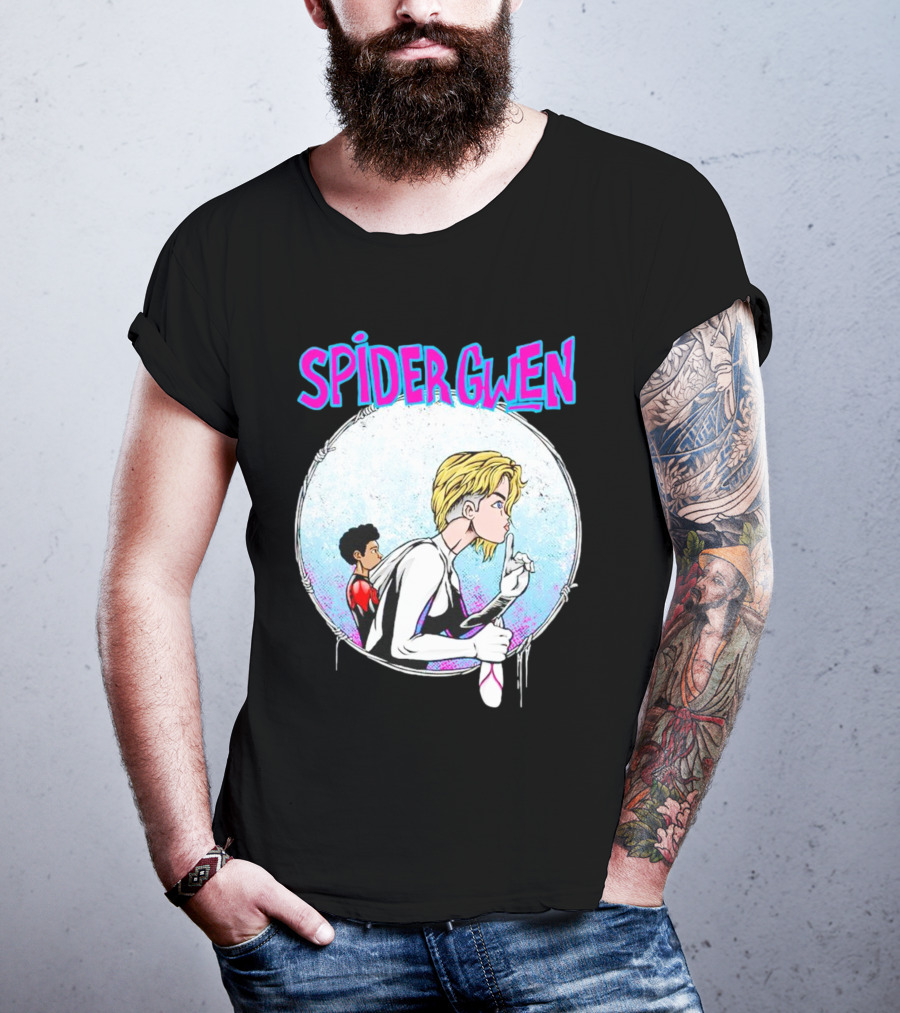 Spider-Gwen Silence Gesture With Spider Emblem Background T-Shirt