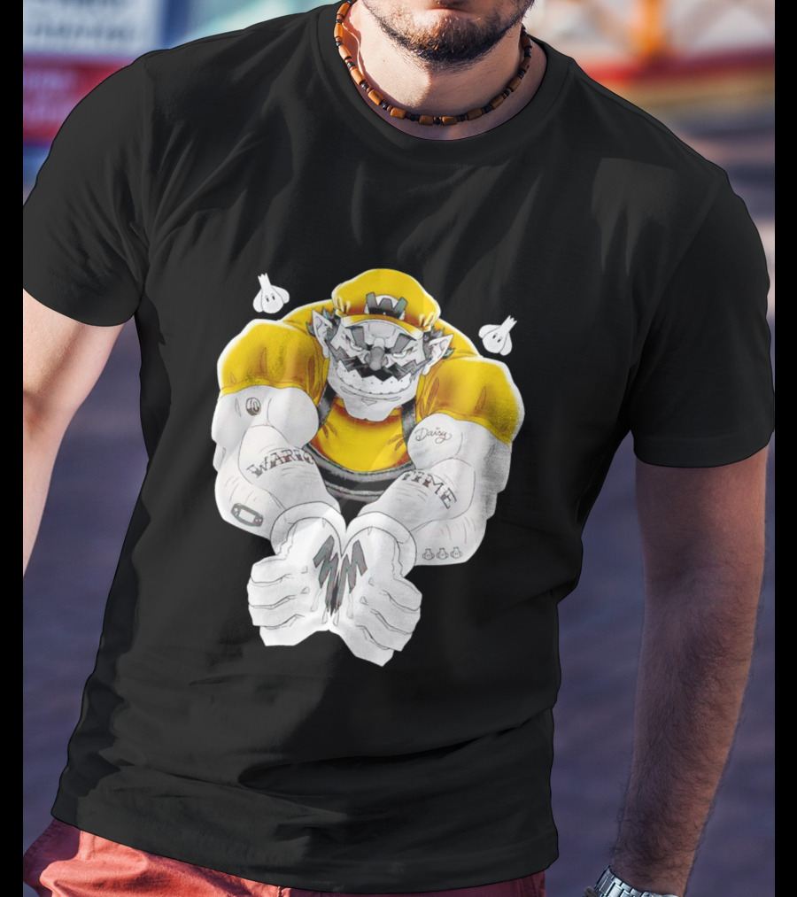 Wario Time Mario Daisy Tattoo With Yellow Cap And Muscle Pose T-Shirt