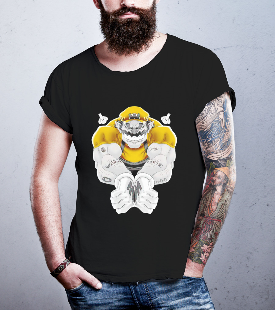 Wario Time Mario Daisy Tattoo With Yellow Cap And Muscle Pose T-Shirt