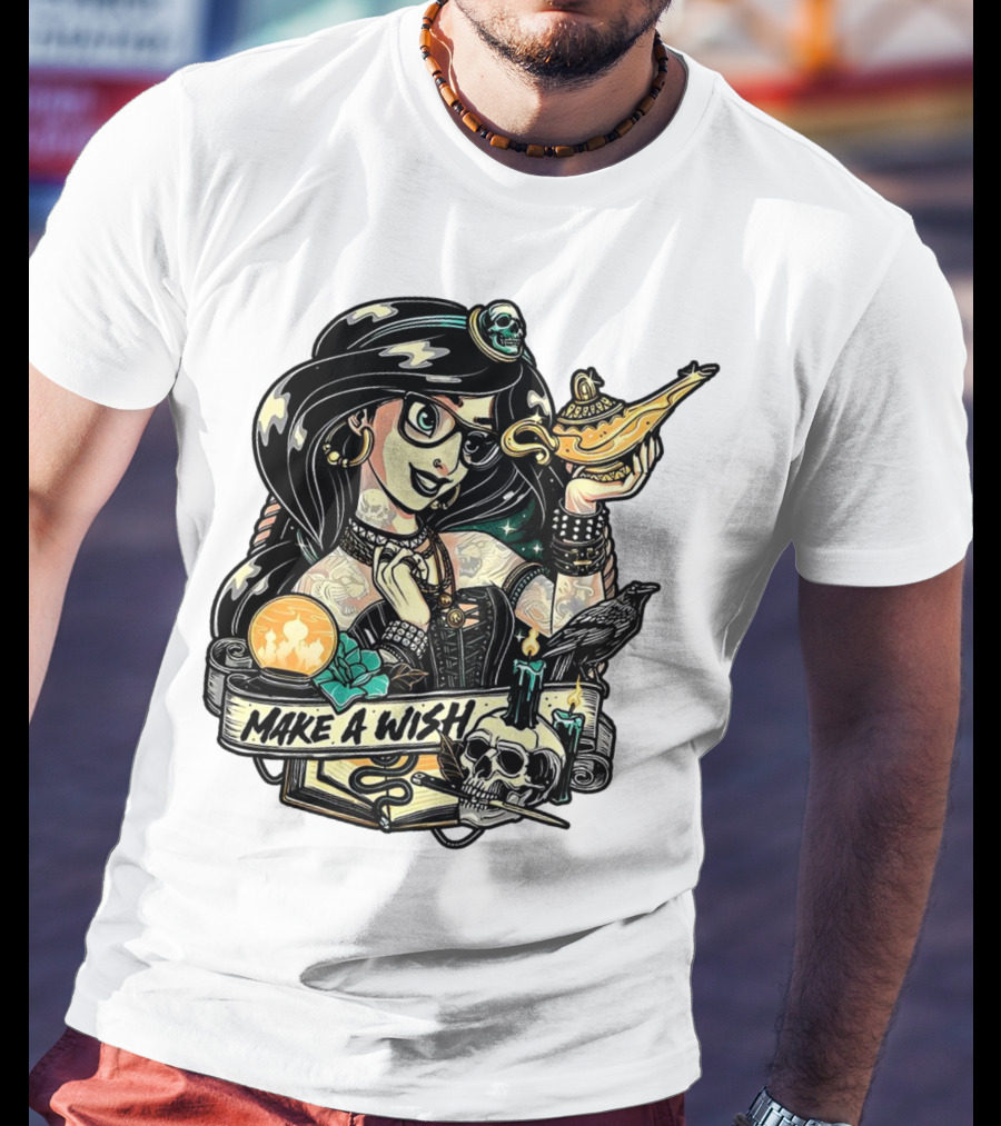 Jasmine Princess Aladdin Make A Wish Tattoo Style With Skull And Lamp T-Shirt
