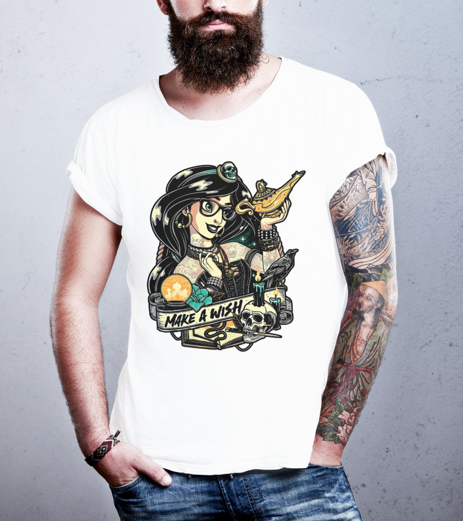 Jasmine Princess Aladdin Make A Wish Tattoo Style With Skull And Lamp T-Shirt