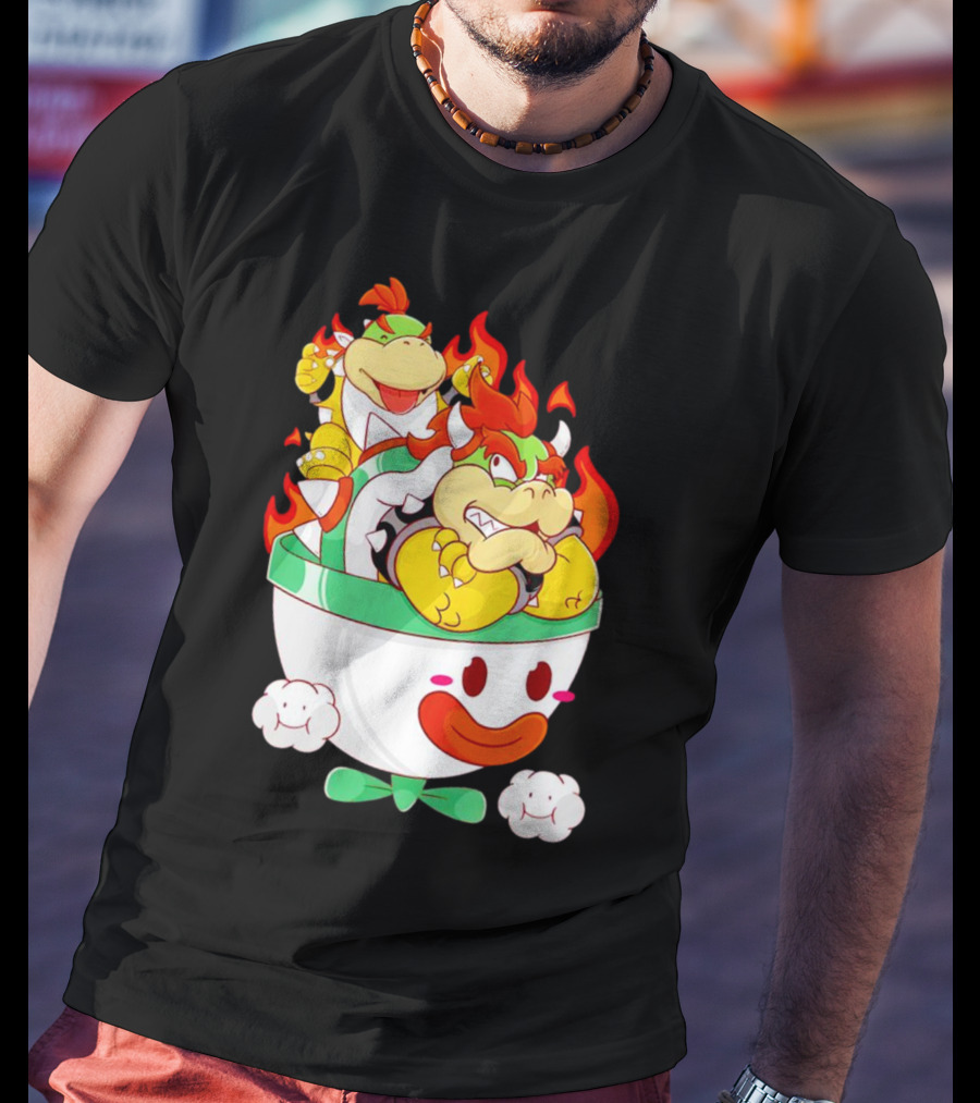 Bowser And Bowser Jr. Father And Son In Clown Car With Flames T-Shirt