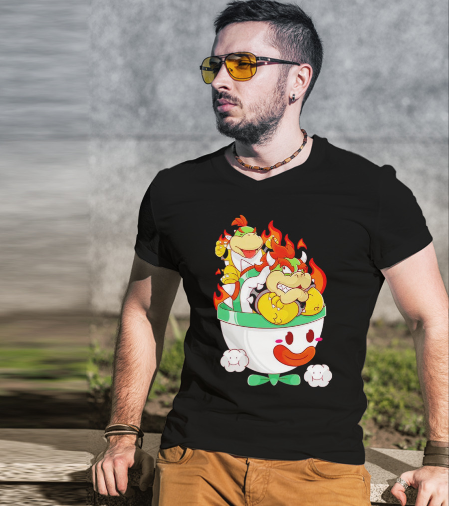 Bowser And Bowser Jr. Father And Son In Clown Car With Flames T-Shirt