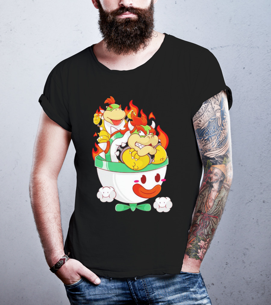 Bowser And Bowser Jr. Father And Son In Clown Car With Flames T-Shirt