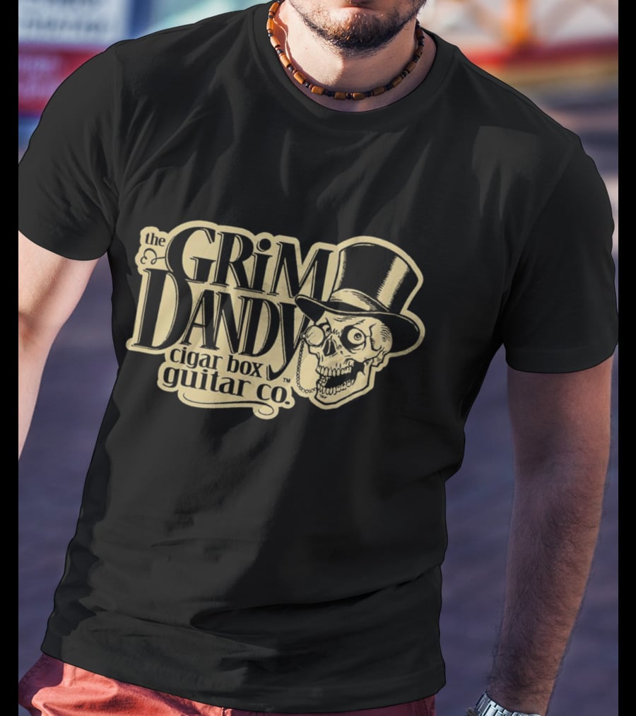 The Grim Dandy Cigar Box Guitar Co Skull In Top Hat T-Shirt