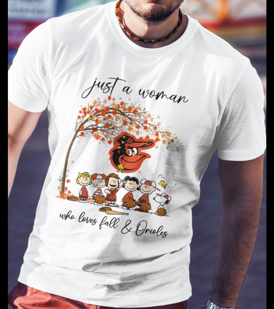 Just A Woman Who Loves Fall And Orioles Peanuts Football Thanksgiving T-Shirt
