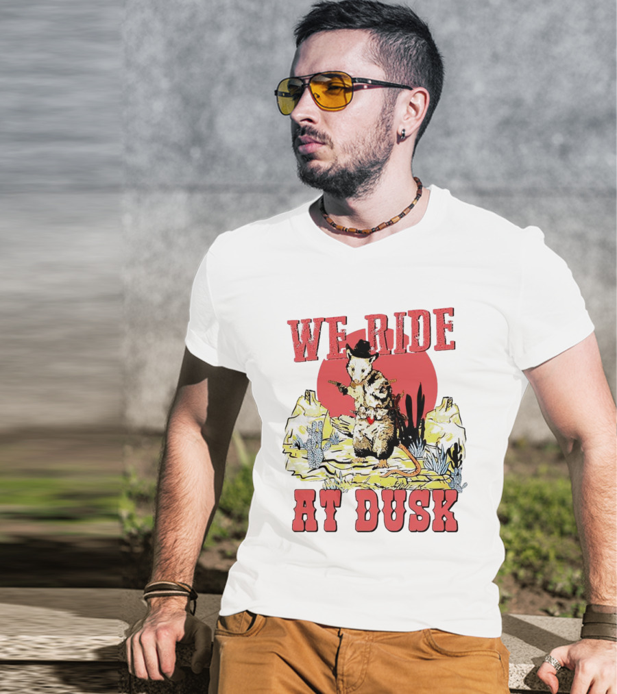 Raccoon Cowboy Desert Adventure We Ride At Dusk T-Shirt