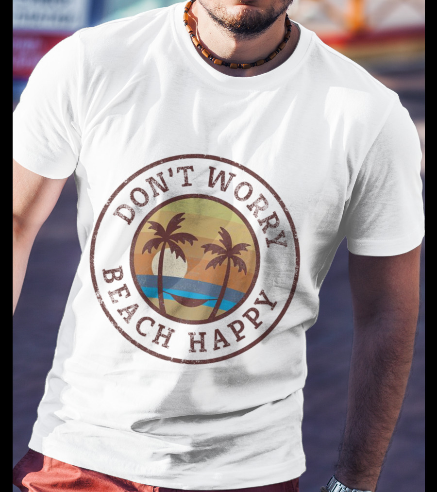 Don’t Worry Beach Happy Palm Trees Sunset Hammock Retro Circle T-Shirt
