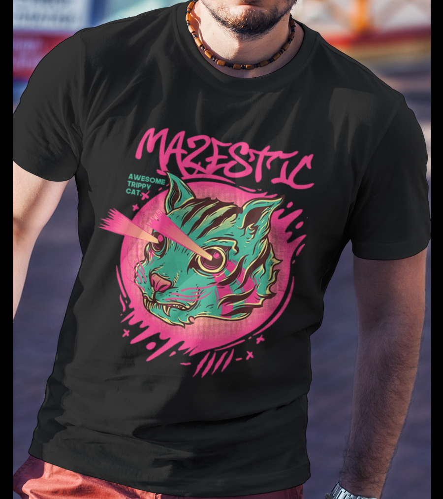 Mazestic Awesome Trippy Cat Psychedelic Neon Laser Eyes T-Shirt
