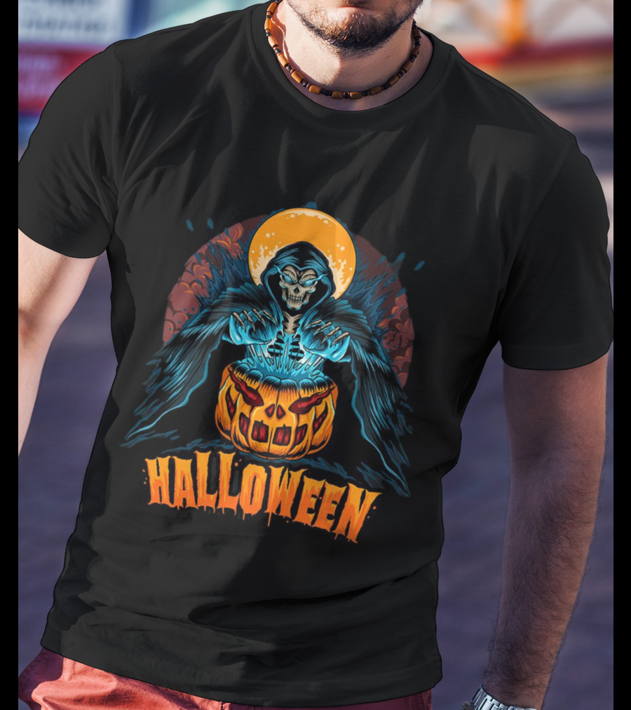 Grim Reaper With Pumpkin And Full Moon Halloween T-Shirt