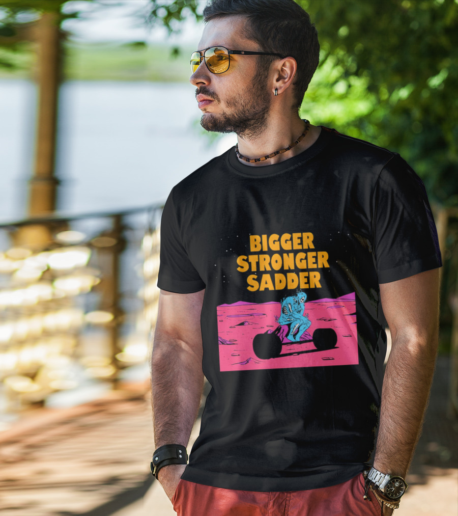 Bigger Stronger Sadder Skeleton Lifting Weights On Alien Planet T-Shirt