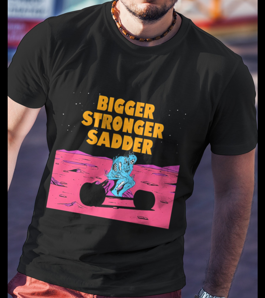 Bigger Stronger Sadder Skeleton Lifting Weights On Alien Planet T-Shirt