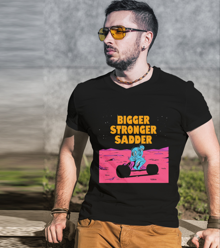 Bigger Stronger Sadder Skeleton Lifting Weights On Alien Planet T-Shirt