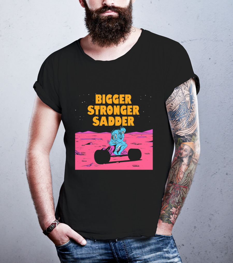 Bigger Stronger Sadder Skeleton Lifting Weights On Alien Planet T-Shirt