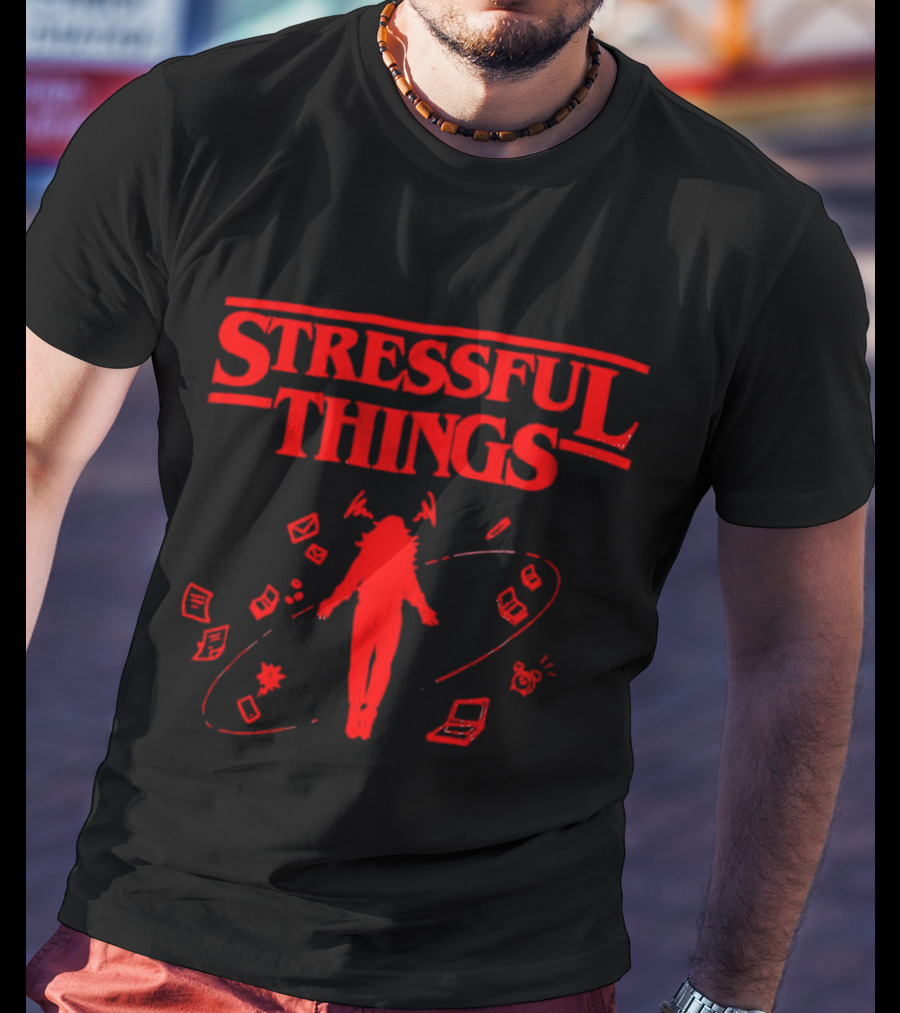 Stressful Things Floating Person With Scribbles And Electronics T-Shirt