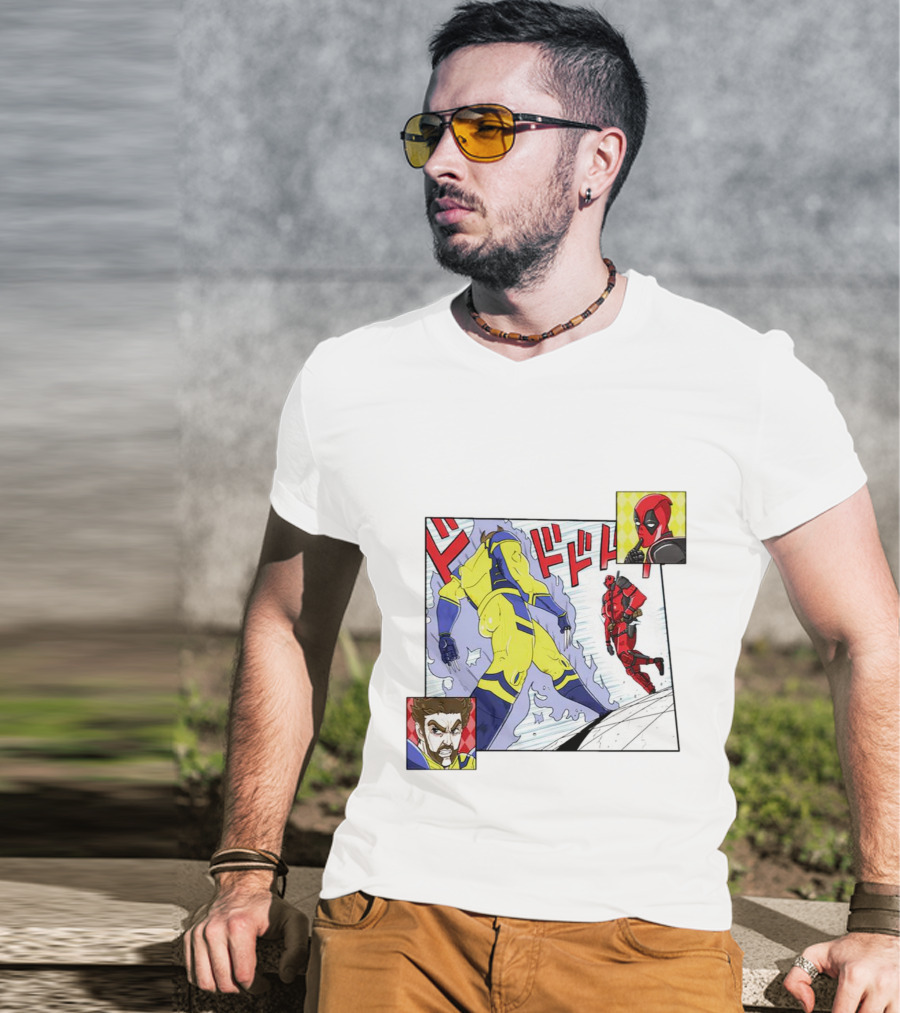 Intimate Enemies Deadpool Confrontation With Wolverine Comic Style Panel T-Shirt