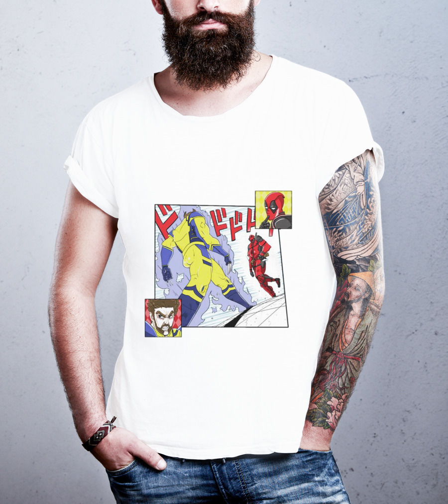 Intimate Enemies Deadpool Confrontation With Wolverine Comic Style Panel T-Shirt