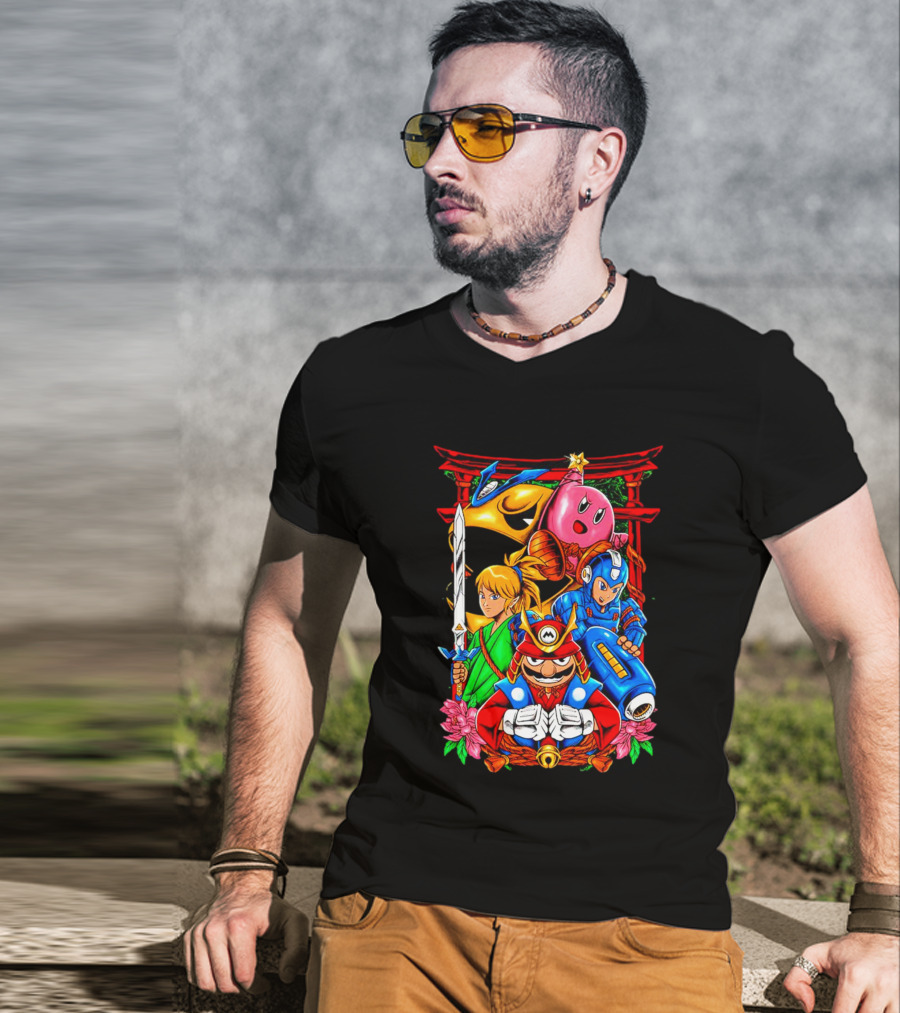 Game Heroes Showcase Pac-Man Kirby Link Mega Man Mario Collaboration T-Shirt