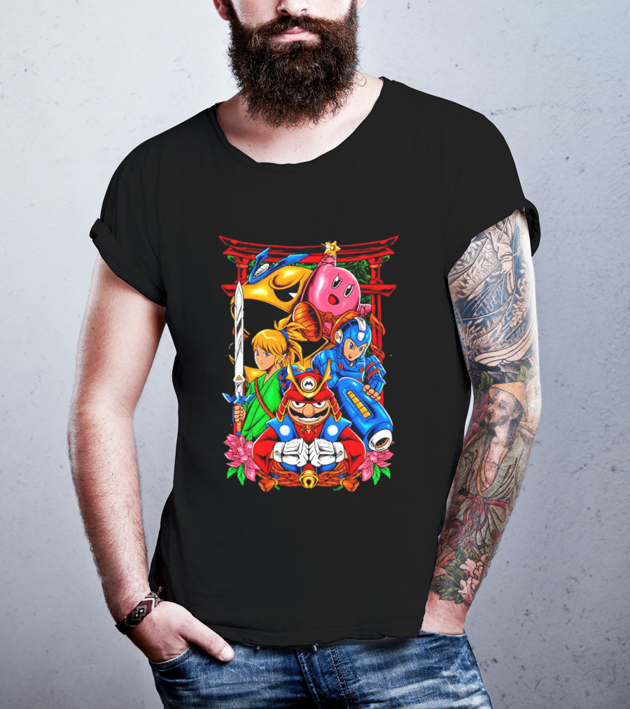 Game Heroes Showcase Pac-Man Kirby Link Mega Man Mario Collaboration T-Shirt