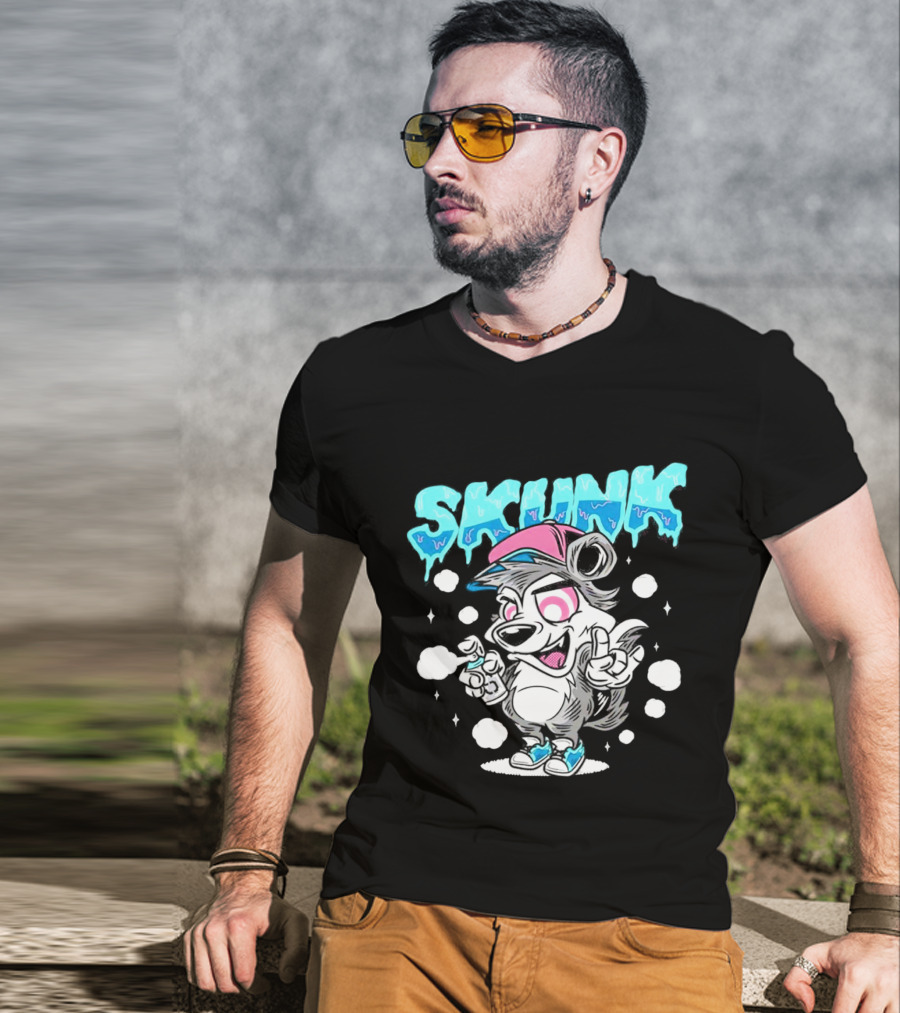 Skunk Grafiti Cartoon Hip Hop Character With Cap And Spray Paint T-Shirt