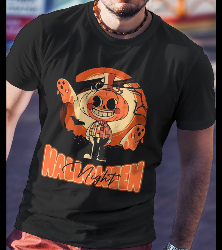 Halloween Night Pumpkin Head Boy With Ghosts And Bats T-Shirt