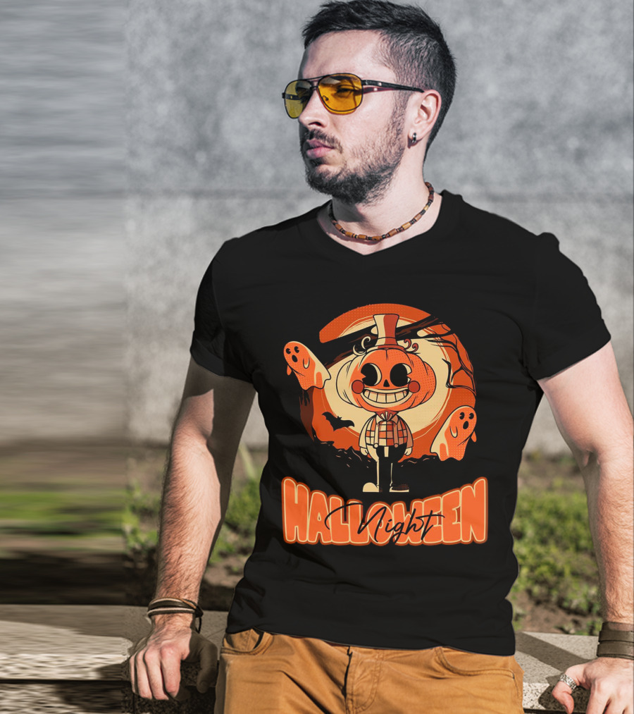 Halloween Night Pumpkin Head Boy With Ghosts And Bats T-Shirt