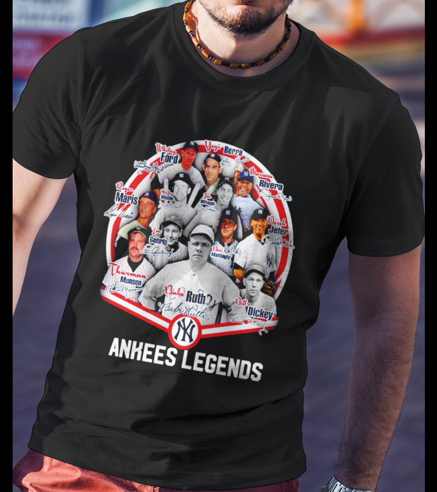 NEW Yankees Legends Babe Ruth Mickey Mantle Derek Jeter Rivera Berra Gehrig Signature T-Shirt
