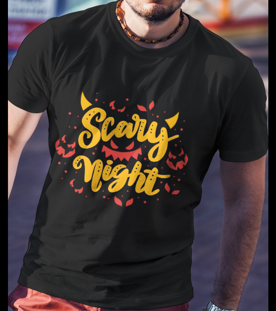 Scary Night Halloween Pumpkin Faces And Demon Horns T-Shirt
