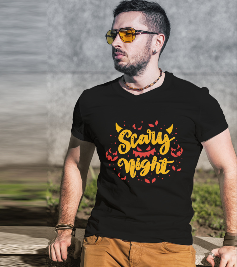 Scary Night Halloween Pumpkin Faces And Demon Horns T-Shirt