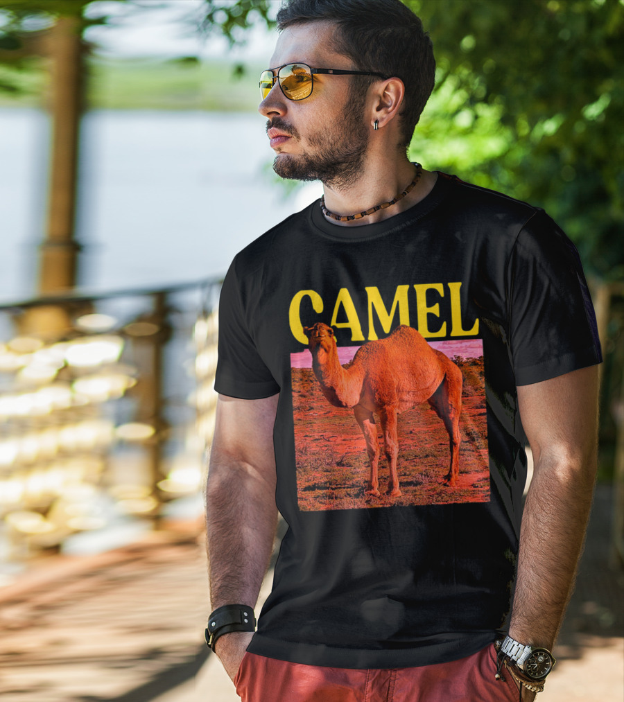 Camel In Vibrant Orange Desert Landscape T-Shirt