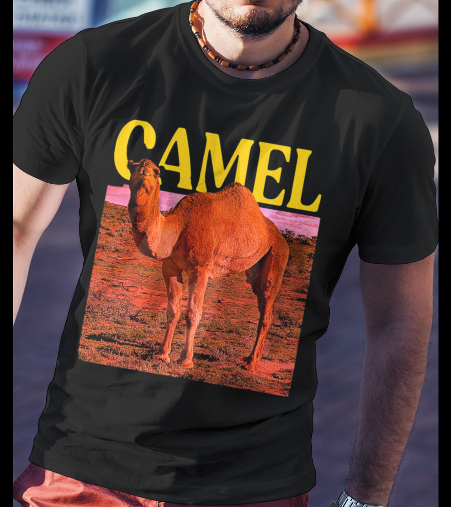 Camel In Vibrant Orange Desert Landscape T-Shirt