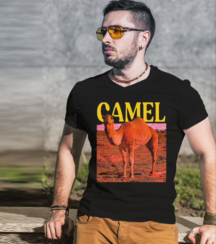 Camel In Vibrant Orange Desert Landscape T-Shirt