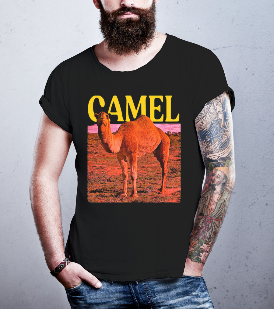 Camel In Vibrant Orange Desert Landscape T-Shirt