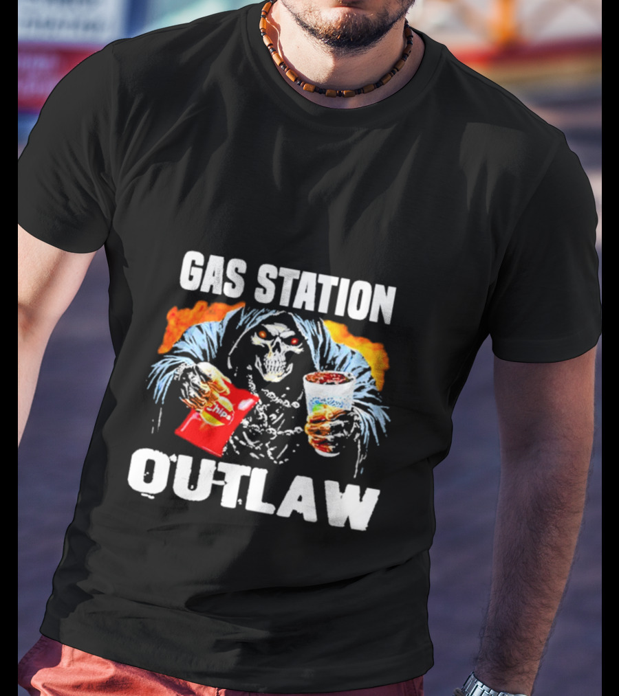 Gas Station Outlaw Chips Fiery Skull T-Shirt