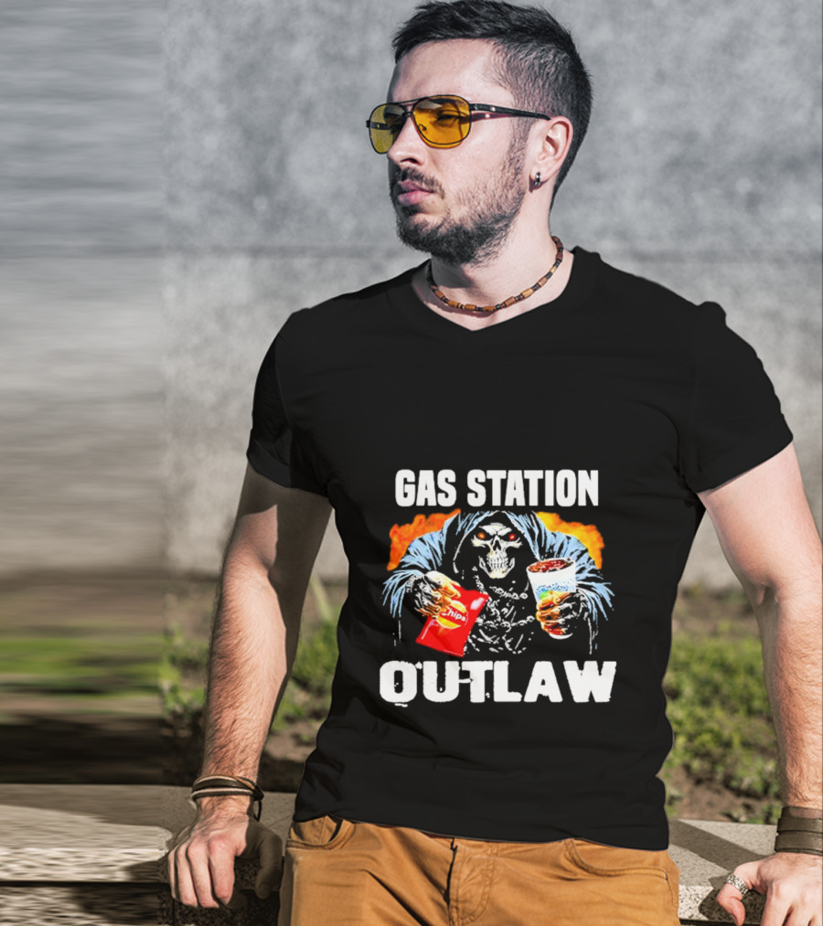 Gas Station Outlaw Chips Fiery Skull T-Shirt