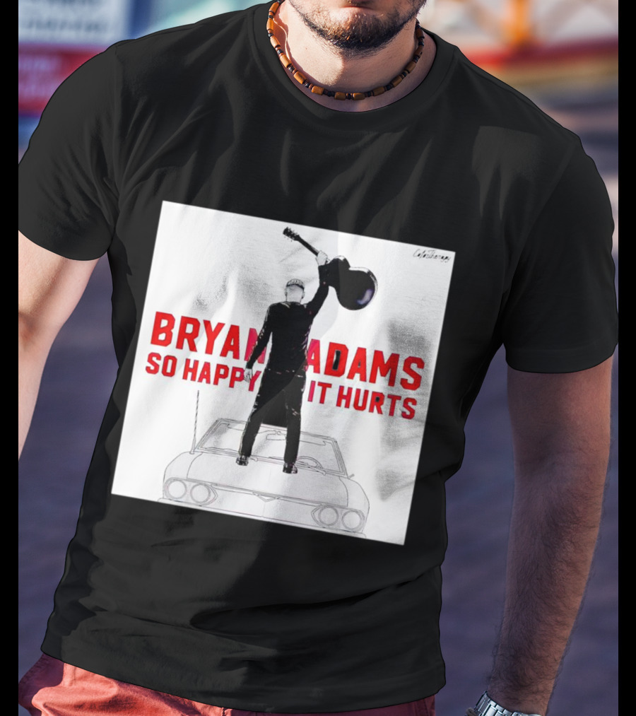 Bryan Adams So Happy It Hurts Album Cover Art Standing On Car With Guitar T-Shirt
