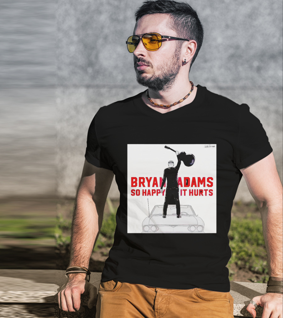 Bryan Adams So Happy It Hurts Album Cover Art Standing On Car With Guitar T-Shirt