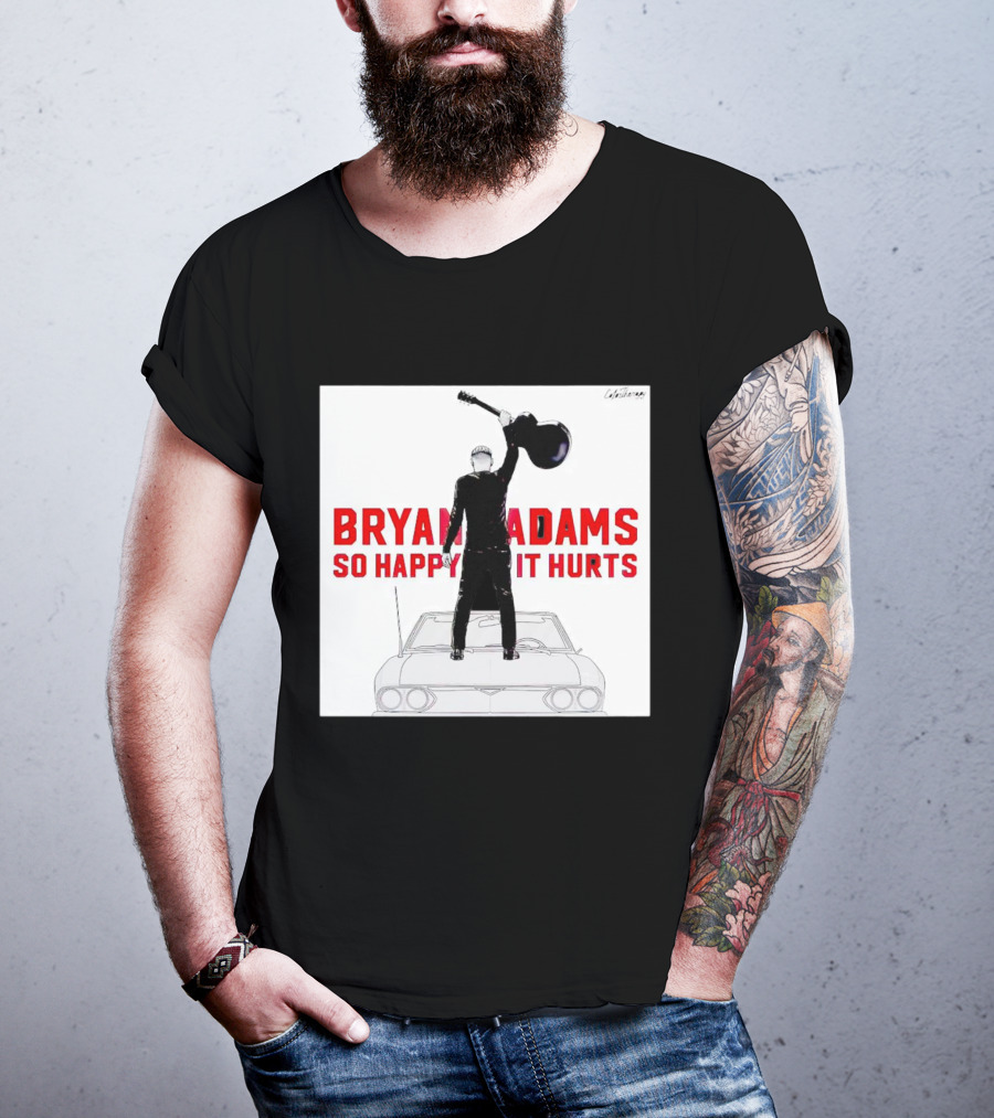 Bryan Adams So Happy It Hurts Album Cover Art Standing On Car With Guitar T-Shirt