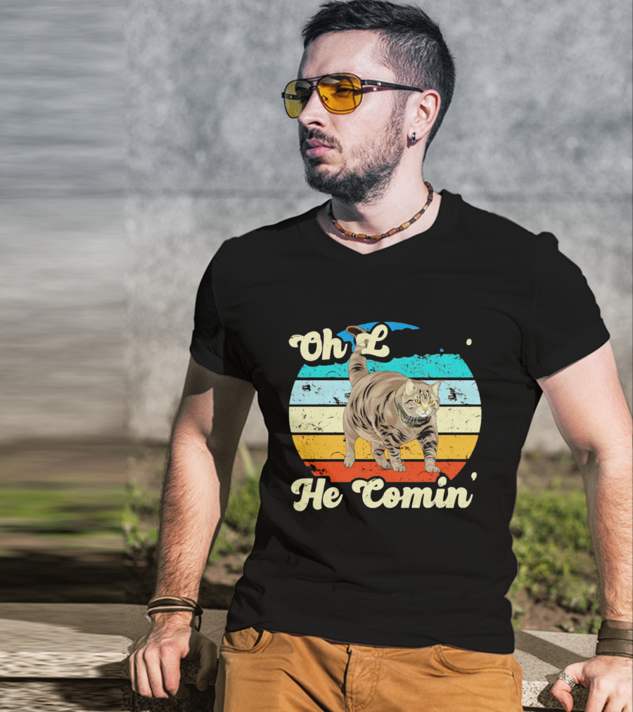 Oh Lawd He Comin Vintage Cat Retro Stripes T-Shirt